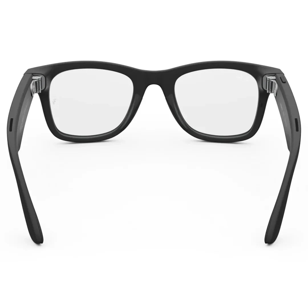 Gafas inteligentes Ray-Ban Meta Wayfarer (Gen 2) en negro, vista posterior, mostrando los altavoces en las patillas y el diseño del interior. - Kmaron Digital
