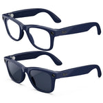 Dos pares de gafas Ray-Ban Meta Wayfarer (Gen 2) en azul cósmico. Un par con lentes transparentes y el otro con lentes de sol oscuras. - Kmaron Digital