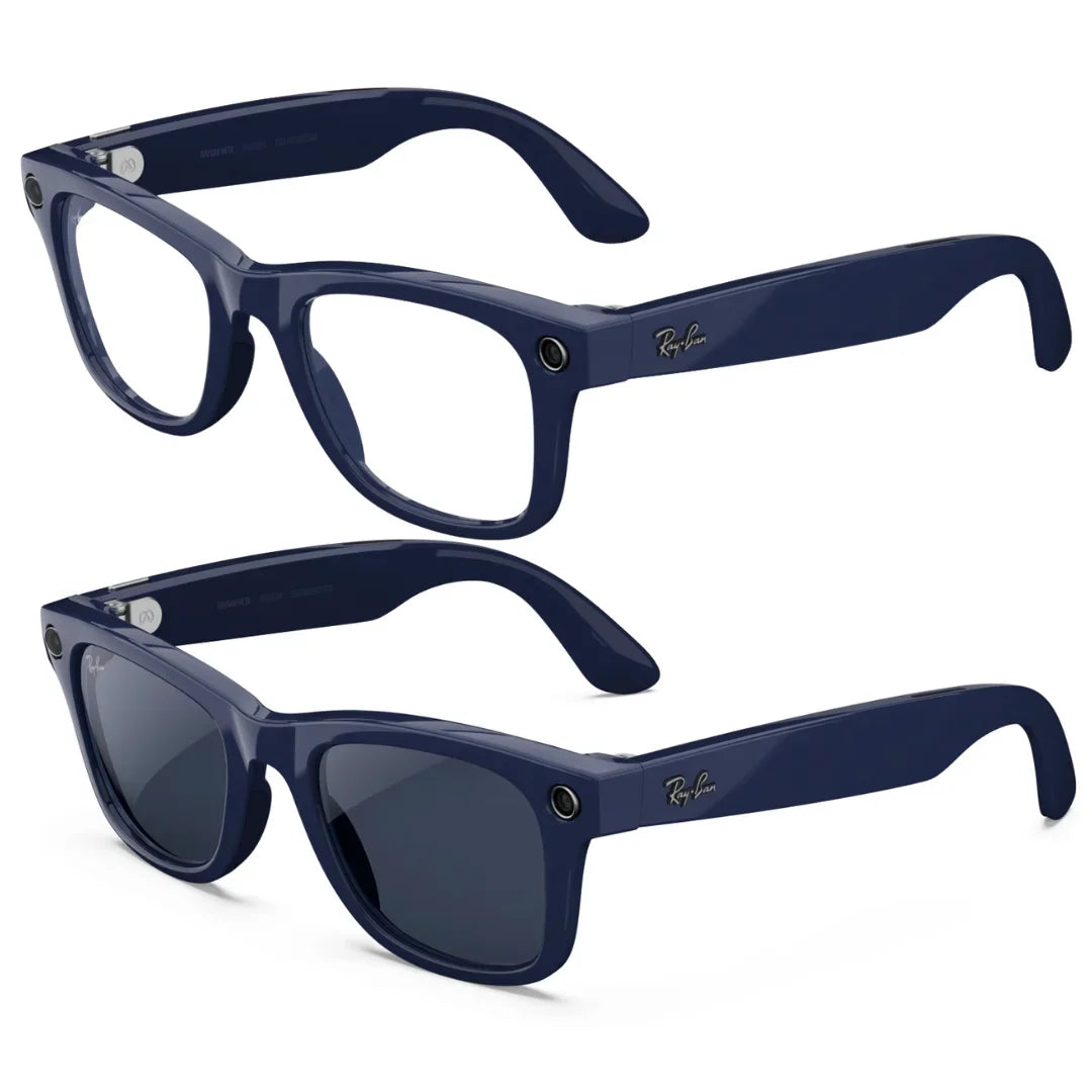 Dos pares de gafas Ray-Ban Meta Wayfarer (Gen 2) en azul cósmico. Un par con lentes transparentes y el otro con lentes de sol oscuras. - Kmaron Digital