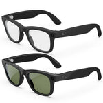 Dos pares de gafas Ray-Ban Meta Wayfarer (Gen 2) negras. Uno con lentes transparentes y el otro con lentes de sol verdes. - Kmaron Digital