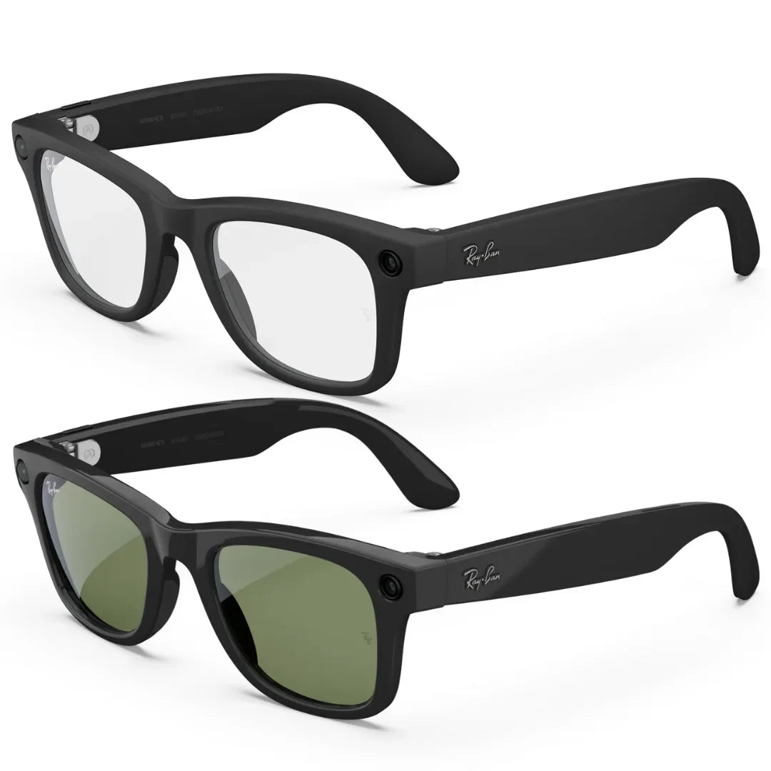 Dos pares de gafas Ray-Ban Meta Wayfarer (Gen 2) negras. Uno con lentes transparentes y el otro con lentes de sol verdes. - Kmaron Digital