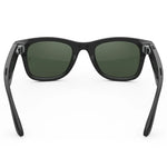 Gafas inteligentes Ray-Ban Meta Wayfarer (Gen 2) en negro brillante y lentes verdes, vista trasera, mostrando los altavoces integrados en las patillas. - Kmaron Digital