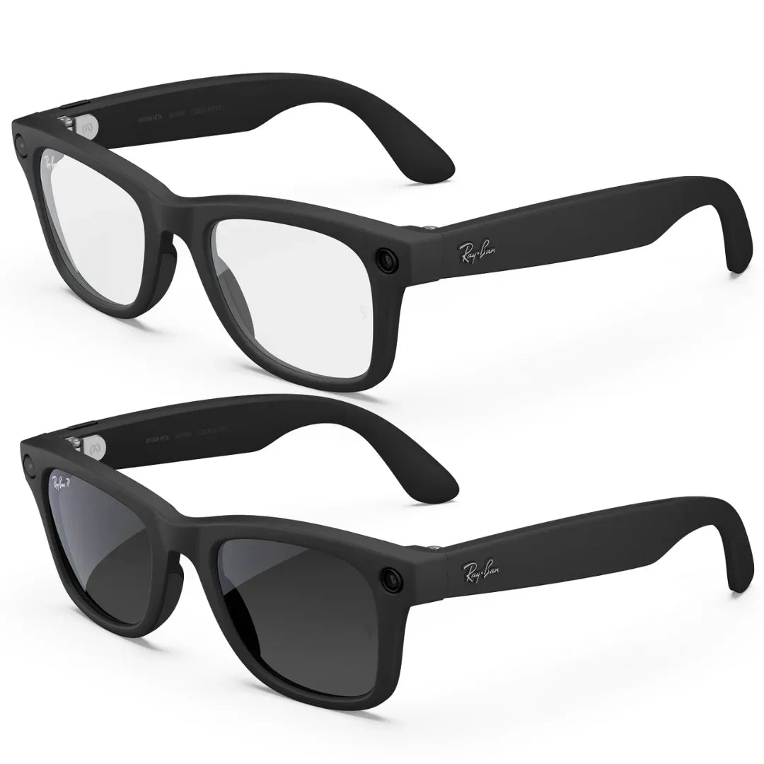 Dos pares de gafas Ray-Ban Meta Wayfarer (Gen 2) negras mate. Uno con lentes transparentes y el otro con lentes de sol oscuras polarizadas. - Kmaron Digital