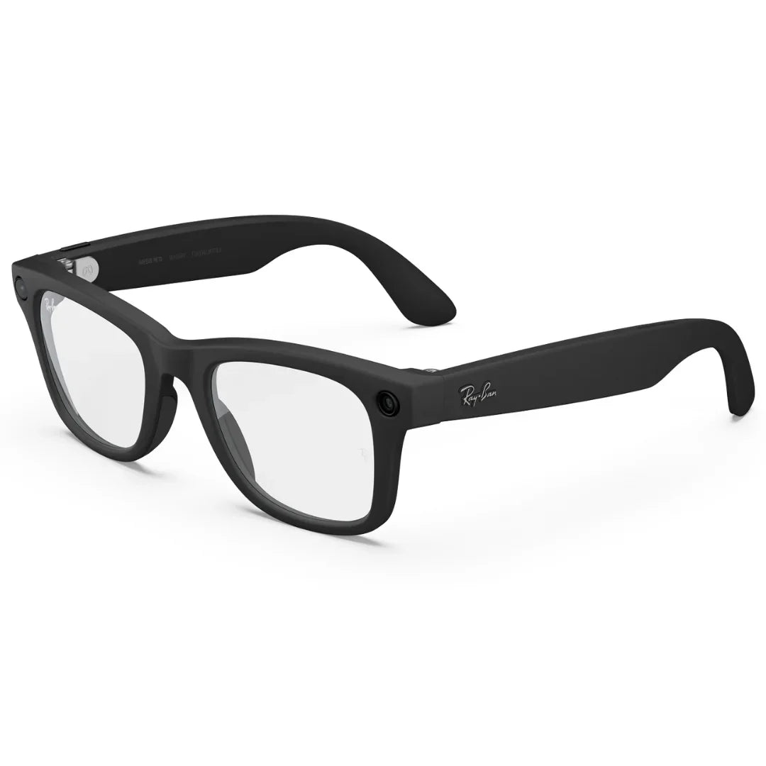 Gafas inteligentes Ray-Ban Meta Wayfarer en negro mate con lentes transparentes. Incluyen cámara, audio y control de voz para capturar y compartir contenido. - Kmaron Digital