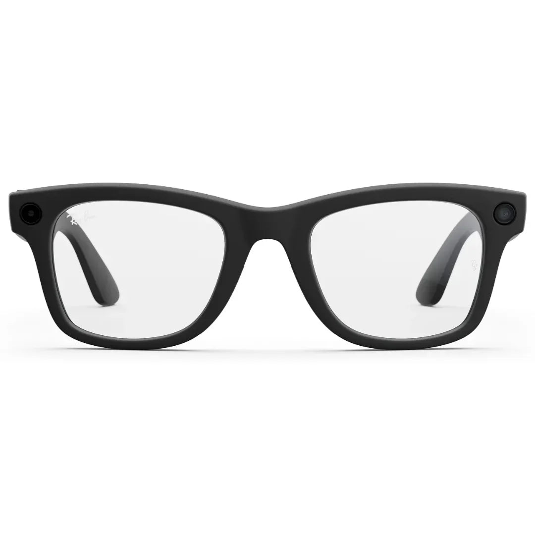 Primer plano frontal de los lentes inteligentes Ray-Ban Meta Wayfarer (Gen 2) en color negro, mostrando el diseño y las cámaras frontales. - Kmaron Digital